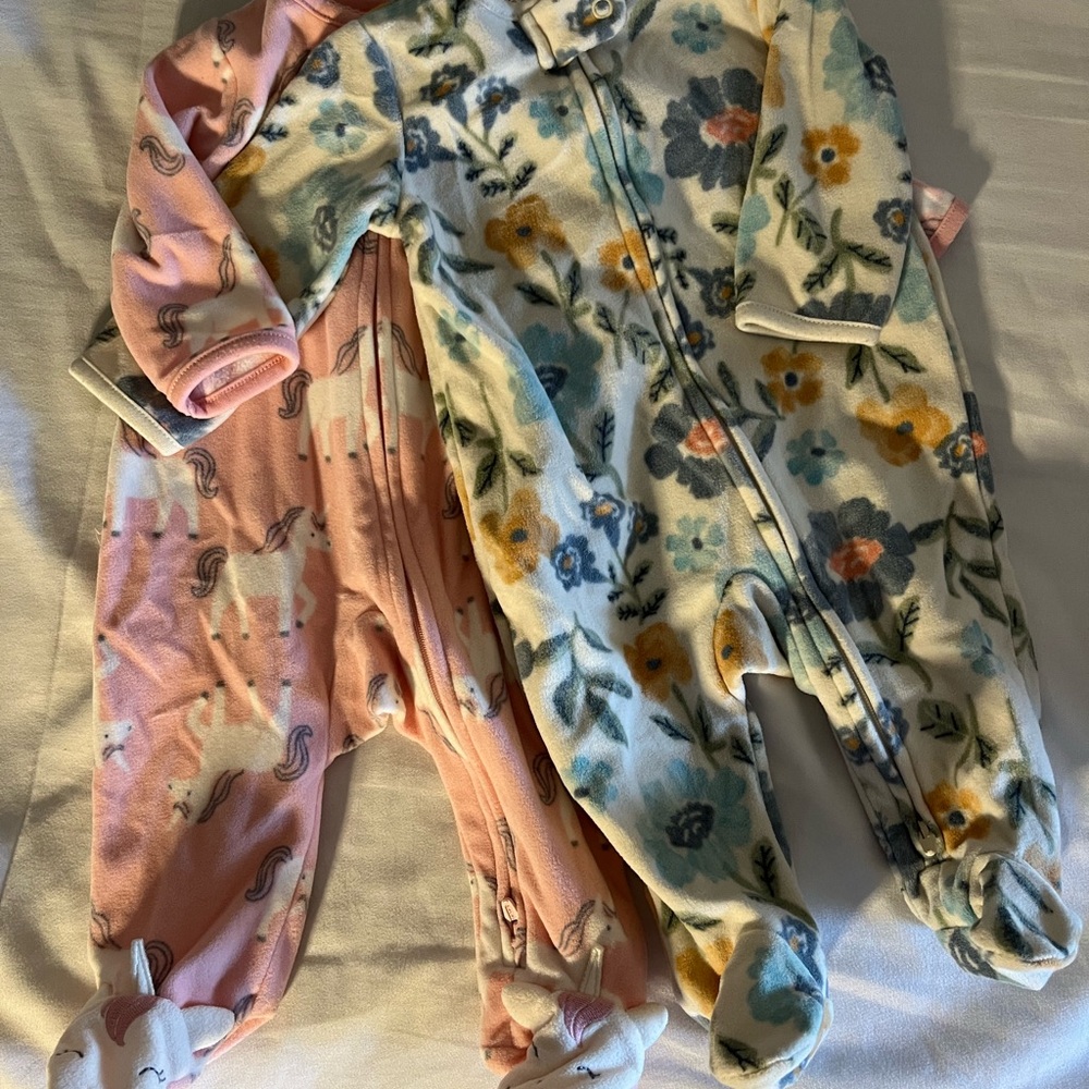 (2) 0-3m Floral and Unicorn Baby Onesies